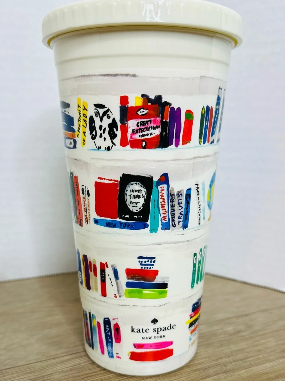 kate spade White Travel Tumbler with Colorful Illustrated Bookshelf